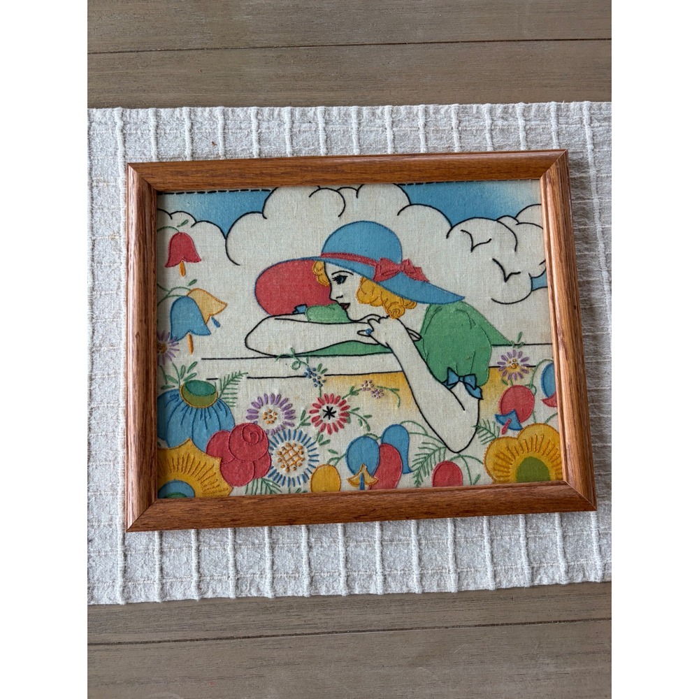 vintage Art Deco embroidery framed piece 1930s woman in a large blue hat